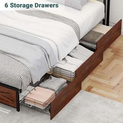 Zevemomo Full LED Bed Frame with 6 Storage Drawers, Farmhouse Headboard w/Charging Ports Station, Full-Size Platform Bed Frame No Box Spring Needed, Metal Structure & Wood Boards, Rustic Bed Frames