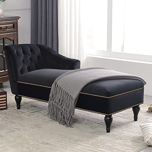 JIVOIT Velvet Upholstered Sofa Chaise Loungers, 58" Chaise Lounge with Nailhead Trim and Solid Wood Legs, Button Tufted Right Arm Facing Lounge Chair for Living Room, Sleeper Lounge Sofa - color: Black-polyester