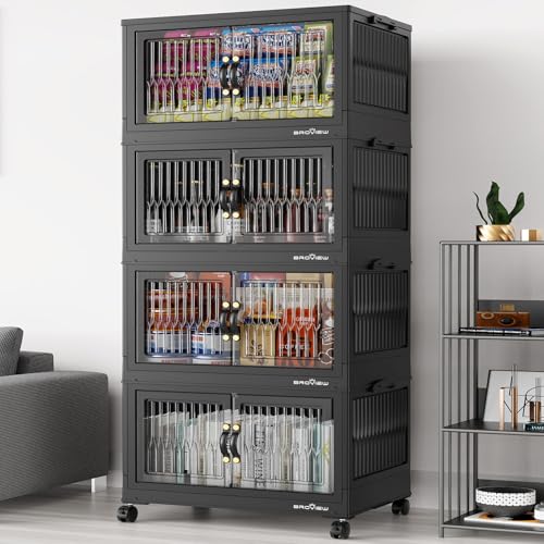 BROVIEW 320Qt Stackable Storage Bins with Lid for Home Dorm, 4Pack Black | Closet Organizers, Foldable & Collapsible Cabinets, Large Containers, Wheels & Magnetic Doors, Plastic Drawers for School - color: Black, size: 80QT-4Pack