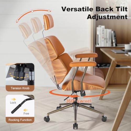 Mid Century Walnut PU Leather High Back Office Chair with Headrest, Brown | Curved walnut back & seat, high-back with headrest, PU leather, padded armrests, executive swivel & rolling for home office - color: Brown, size: 2-Section Back / Headrest