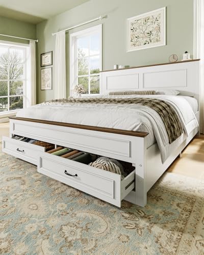 Yoobure Farmhouse Full Size Bed Frame - Platform Bed Frames with Headboard, Wood Beds with Storage Drawers, Wooden Double Bedframe with 18" Tall Footboard, No Noise, No Box Spring Needed, White - size: Full