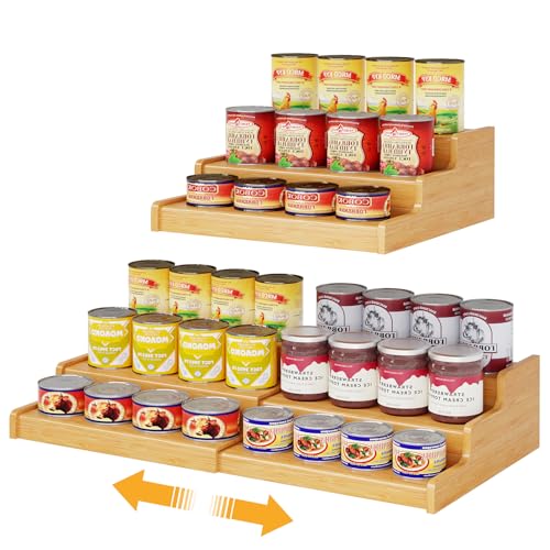 Expandable Bamboo Can Rack Organizer for Pantry, 3-Tier Adjustable Can Storage Holder, Soda Organizer Holds Up to 24 Cans, Canned goods Storage Display for Pantry, Cabinet, Countertop (patent pending) - color: Bamboo, size: 12.4"-24"W × 10.8"D × 4.5"H