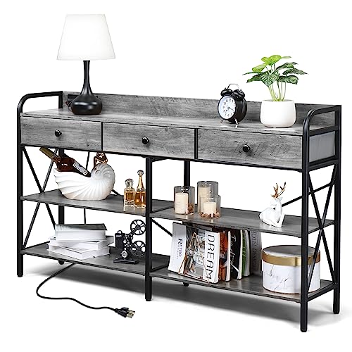 Karl home Console Table with USB Ports and Outlets and Shelves, Wash Gray | Industrial style,3 fabric drawers,3-tier storage shelves,vintage entry desk for living room couch hallway - color: Wash Grey