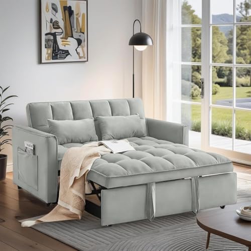 3 In 1 Velvet Convertible Sofa Bed, Pull Out Couch Bed with Reclining Backrest And 2 Pillows, 54" Full Size Loveseat Sleeper Sofa Futon Couch Bed, Couches For Small Spaces, Living Room (Silver Grey) - color: Silver Grey