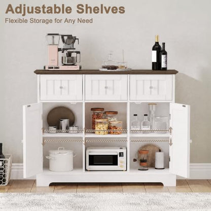 ChooChoo 35.4" Coffee Bar Cabinet with 3 Drawers and 2 Doors, White & Brown | Buffet Cabinet with Adjustable Shelves, Storage Cabinet for Compact Kitchens, Dining rooms and Living rooms - color: White & Brown