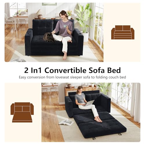 Convertible Sofa Bed, Folding Sofa Bed 2 in1 Pull Out Loveseat Sleeper Sofa, Floor Sofa Bed for Small Spaces Folding Couch Bed with Pillows for Living Room Bedroom - Black - color: Black