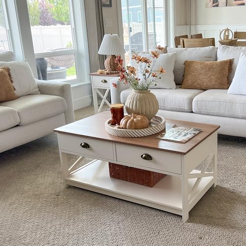 PHI VILLA White Coffee Table with Drawers,2 Tiers Living Room Coffee Table | Storage Shelf Rustic Rectangle Coffee Table with Drawers, Farmhouse Wood Coffee Table, Modern Style - color: Ivory 3