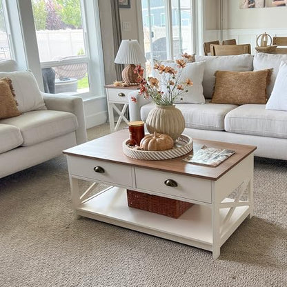 PHI VILLA White Coffee Table with Drawers,2 Tiers Living Room Coffee Table | Storage Shelf Rustic Rectangle Coffee Table with Drawers, Farmhouse Wood Coffee Table, Modern Style - color: Ivory 3