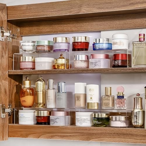 4 Pack Acrylic Medicine Cabinet Organizer, Narrow Bathroom Mirrior Cabinet Storage Shleves, Clear Acrylic Storage Racks for Vanity, Kitchen & RV (11.34×2.95×3.66 inches) - color: 4 Pcs Acrylic Riser-11.34"L x 2.95"W x 3.66"H