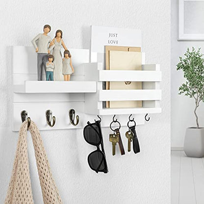 Lwenki Mail Organizer for Wall Mount – Key Holder with Shelf Includes Letter Holder and Hooks for Coats, Dog Leashes – Rustic Wood with Flush Mounting Hardware (16.5” x 8.7” x 3.5”) - color: White