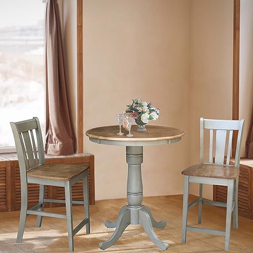 IC INTERNATIONAL CONCEPTS 30" Round Pedestal Gathering Height Table with 2 San Remo Counter Height Stools, Distressed Hickory/Stone - color: Distressed Hickory/Stone
