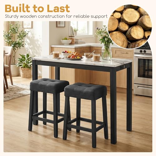 COSTWAY 3-Piece Wooden Bar Table Set with Charging Station | Modern Counter Height Table, Faux Marble Top, 2 Padded Stools, Console Table Set for Living Room, Kitchen, Dining Room, White - color: White