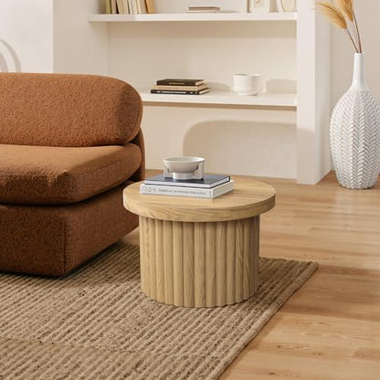 LuxenHome 23.5" Small Round Coffee Table, Wooden Fluted Oak Accent Table, Modern Side Tables for Living Room - color: C Brown