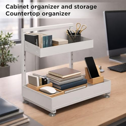 Under Sink Organizer Bathroom Kitchen: 2 Pack 2 Tier Metal Under Cabinet Storage with Height-adjustable Shelf and Pull out Rack for Pantry Vanity Cupboard Counter Countertop, White