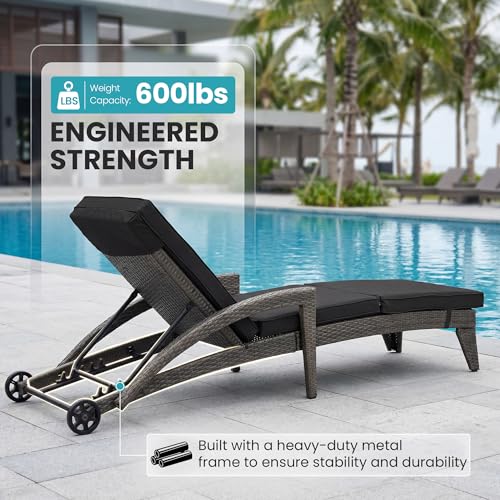Patio Chaise Lounge Set of 2, Wicker Lounge Chairs Outdoor with Wheels, Wicker Chaise Lounges with Armrests All Weather, Solid Grey - color: Solid Grey, size: 2 pack