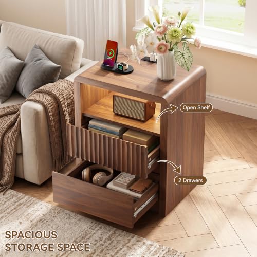 LYNSOM Fluted LED Nightstand Set of 2, Charging Station & 2 Drawers, Walnut | Mid Century Modern Night Stand with Stoarge, Wood Bedside End Table with Curved Edge for Bedroom, Living Room, Office, 20" W - color: Walnut, size: 2 Drawers