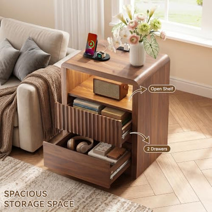 LYNSOM Fluted LED Nightstand Set of 2, Charging Station & 2 Drawers, Walnut | Mid Century Modern Night Stand with Stoarge, Wood Bedside End Table with Curved Edge for Bedroom, Living Room, Office, 20" W - color: Walnut, size: 2 Drawers