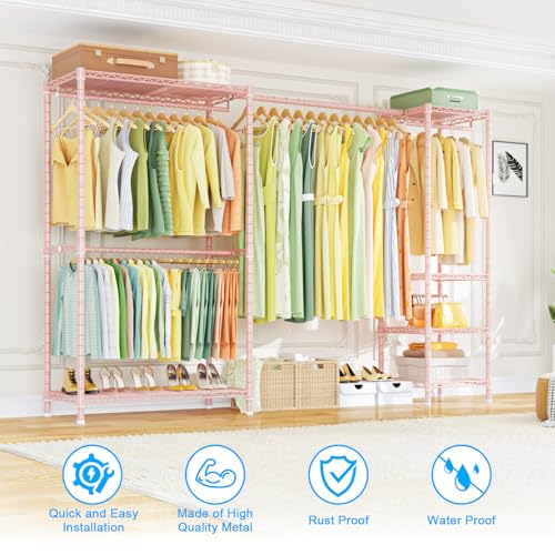 E10 Clothes Rack（With Stretchable Hanger Rod）Freestanding Clothing Racks for Hanging Clothes，Adjustable Closet Organizer System，Portable Garment Rack 73-97"W x 15" D x 72" H，Max Load 800LBS，Pink - color: Pink