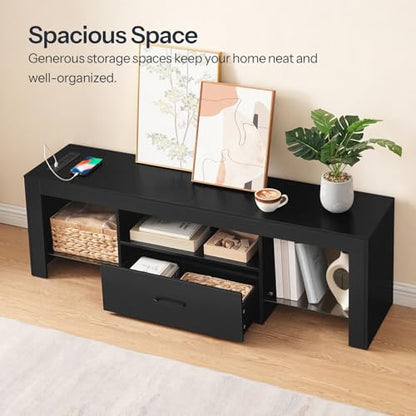 HOOBRO LED TV Stand with Power Outlets to 65 inch TV, Gaming Entertainment Center with Glass Shelves and Large Drawer, Modern Media TV Console Table for Living Room Bedroom, Black BB14UDDS01G1 - color: Black, size: 55.1 Inch