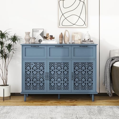 Blue 3 Doors 3 Drawers Buffet Sideboard Cabinet - Accent Cabinet with Adjustable Shelves，47 Inch Wide Wood Storage Cabinets for Dining Room,Living Room and Kitchen - color: Blue 3door, size: 47.24"W x 15.75"D x 35.55"H