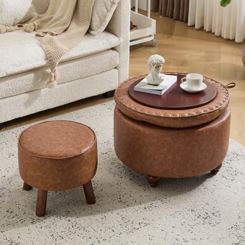 24Inch Round Storage Ottoman, Set of 2, Modern PU Leather Coffee Table with Removable Top, Upholstered Ottoman with Storage Footrest Stool for Living Room, Bedroom (Brown) - color: Brown