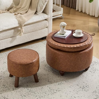 24Inch Round Storage Ottoman, Set of 2, Modern PU Leather Coffee Table with Removable Top, Upholstered Ottoman with Storage Footrest Stool for Living Room, Bedroom (Brown) - color: Brown