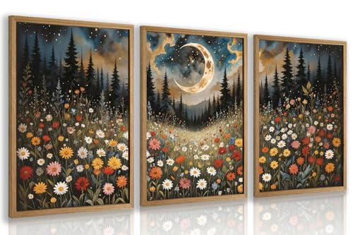 Cyebmo Boho Wildflower Wall Art, Moon Forest Wall Decor, Rustic Mountain Landscape Flower Art Prints, Mystical Starry Night Poster Prints for Living Room Bedroom Office Wood Framed 12''x16''x3 - color: Moon(Wood), size: 16"L x 12"W