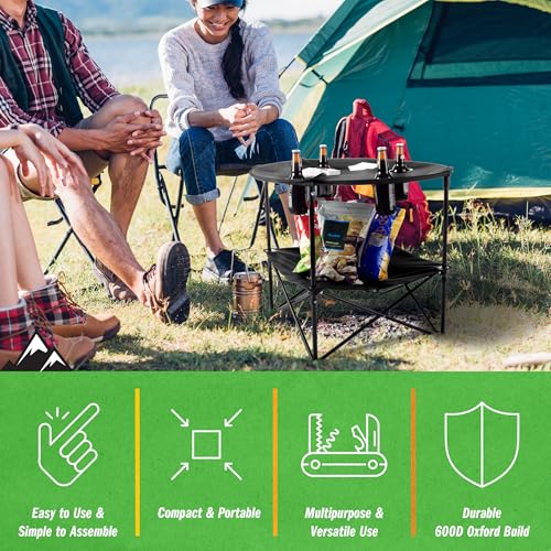 Camping Table - 2-Tier Folding Table with 4 Cupholders and Carry Bag for Picnic, Tailgate, Beach, or Camp - Camping Gear by Wakeman Outdoors (Black) - color: Black