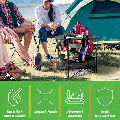 Camping Table - 2-Tier Folding Table with 4 Cupholders and Carry Bag for Picnic, Tailgate, Beach, or Camp - Camping Gear by Wakeman Outdoors (Black) - color: Black