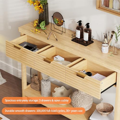 Fluted 47.2" Console Table with Outlets and USB C, Narrow Entryway Table with 3 Drawers, Boho Wood Sofa Table Behind Couch for Living Room, Natural Oak - color: Entryway Table-oak