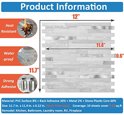 DICOFUN 10-Sheet Peel and Stick Backsplash Tile, White Birch PVC Mixed Metal Stick on Backsplash Tiles for Kitchen, 9.4 sq.ft - color: White Birch and Metal Silver, size: 10 Sheets, 12’’x12’’x0.12’’