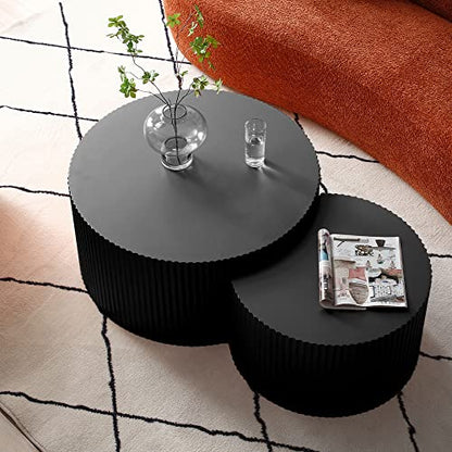 Nesting Coffee Table Set of 2, Modern Round Coffee Table End Table Set for Living Room, Wood Circle Drum Side Table,Black - color: Black