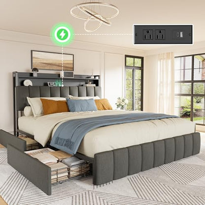 Bed Frame Queen Size with Upholstered Headboard & Charging Station, Queen Bed Frame with 4 Storage Drawers, 2-Tier Open Shelves, No Box Spring Needed, Slient Foam Strip, Easy Assembly, Grey - color: Grey, size: Queen