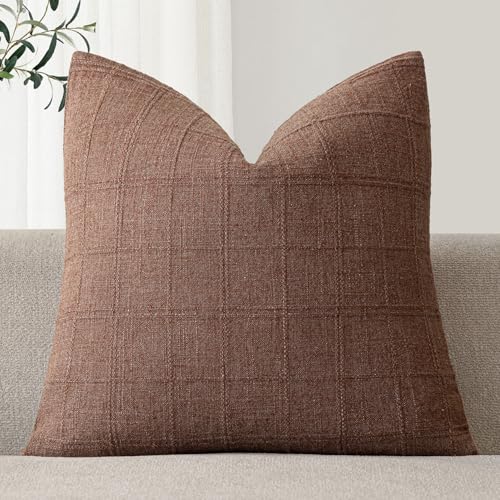 Foindtower Set of 1 Decorative Linen Check Throw Pillow Cover Neutral Farmhouse Vintage Cushion Cover Modern Boho Home Decor for Sofa Chair Couch Bedroom Living Room,16×16 Inch,Autumnal Red - color: Coconut Shell, size: 16" x 16" (Pack of 1)
