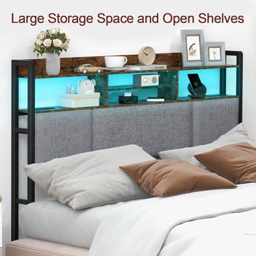 Upholstered Queen Size Headboard with Charging Station & LED Light | Head Board with Storage Shelves for Bed, Queen Headboard Only, Height Adjustable, Sturdy & Stable, Brown - size: Queen