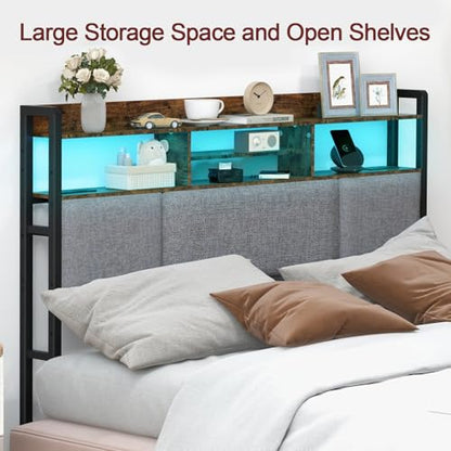 Upholstered Queen Size Headboard with Charging Station & LED Light | Head Board with Storage Shelves for Bed, Queen Headboard Only, Height Adjustable, Sturdy & Stable, Brown - size: Queen