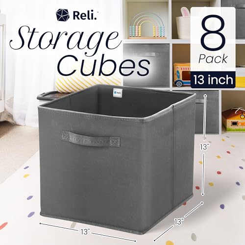 Reli. 13x13x13 Storage Cube Bins (8 Pack) Dark Gray, Fabric Organizer Cubes | Multi-Purpose Storage | Reinforced Double Stitched Handles | Collapsible