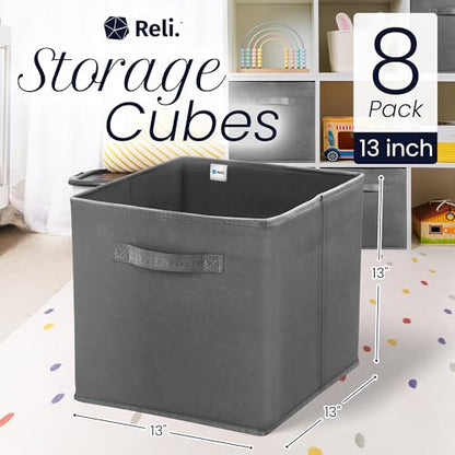 Reli. 13x13x13 Storage Cube Bins (8 Pack) Dark Gray, Fabric Organizer Cubes | Multi-Purpose Storage | Reinforced Double Stitched Handles | Collapsible