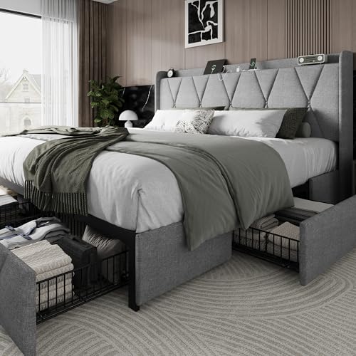 Einhomn King Size Bed Frame with 4 Storage Drawers and Charging Station, Upholstered Platform Bed Frame with Storage Headboard, No Box Spring Needed, Easy Assembly, Light Grey - color: Light Grey, size: King