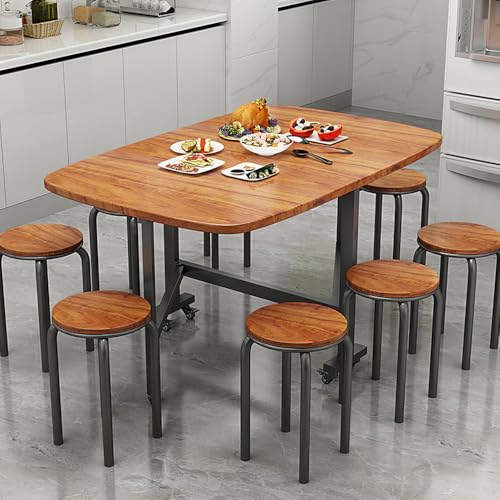 Multifunction Table Drop Leaf Dining Table - 47" Wooden Foldable Kitchen Table with 6 Wheels (Brown) - color: Brown