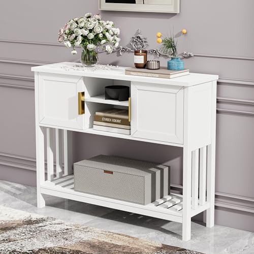 Entryway Table, Console Table, Sofa Table with 2-Door and Shelf, White | Entryway Cabinet and Sideboard Cabinet with Large Storage Space for Daily Use in Hallway, Foyer, Living Room - color: White