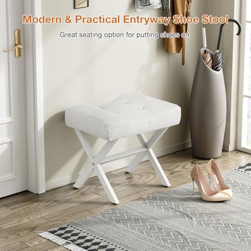 18-Inch Large Vanity Stool Chair, White Makeup Stool | Teddy Flannel Vanity Bench, Metal X-Leg, 350 LBS, 20"x16.9"x18", Ottoman Accent Stool, Breathable Soft Padded Saddle Seat - size: Large, style: White Fabric