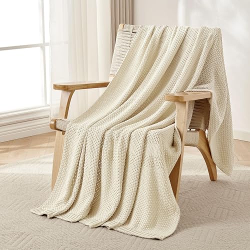 Joydeco Chunky Cable Knit Throw Blanket, Lightweight 100% Cotton Soft Cozy Throw Twin Blanket for Couch Bed and Sofa, Rustic Breathable Farmhouse Blanket Gift for Women Men(Cream White, 51"x63") - color: Cream White, size: Throw (51" x 63")