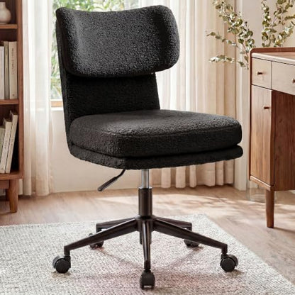 COMHOMA Vanity Chair with Ergonomic Curved Backrest, Home Office Desk Chair with Silent Wheel, Wide Seating Computer Chair for Girls Women Bedroom, Soft Teddy Fabric, Black - color: Black, Teddy Fleece