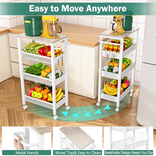 Vivihomety 4-Tier Laundry Utility Rolling Cart with Wheels, Kitchen & Bath | Narrow 8.1" wide, lockable wheels, wood top panel, metal frame, for laundry room, small spaces, pantry, tight gaps, White - color: White, size: 8.1 inch wide