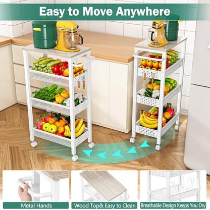 Vivihomety 4-Tier Laundry Utility Rolling Cart with Wheels, Kitchen & Bath | Narrow 8.1" wide, lockable wheels, wood top panel, metal frame, for laundry room, small spaces, pantry, tight gaps, White - color: White, size: 8.1 inch wide