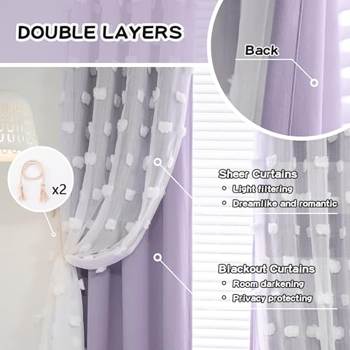 MYSKY HOME Lilac Curtains for Girls Bedroom Kids Curtain 54 Inches Length White Pom Pom Sheer Small Window Curtains 2 Panels Double Layer Curtains Grommet Room Darkening Nursery Curtains, W52 X L54 - color: Lilac, size: 52"W x 54"L (Pack of 2)