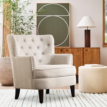 Rosevera Harris Velvet Upholstered Club Chair 34.5”H, Barrel Chair, Wingback Tufted Button Armchair, Contemporary Nailhead Accent Chair for Living Room, Bedroom, Recreation Room, Entryway, Small Space - color: Natural Beige
