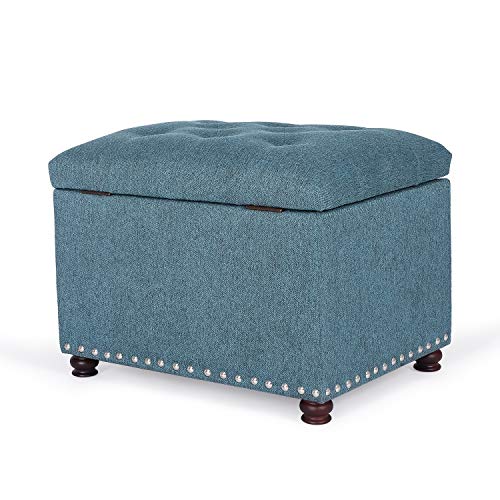 Adeco Rectangular Storage Ottoman Foot Rest Stool, Fabric Button Tufted Storage Ottoman with Hinged Lid (Cyan) - color: Cyan