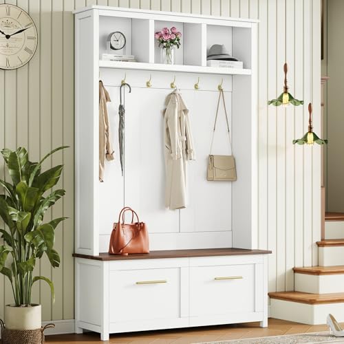 Merax Modern 4-in-1 Storage Hall Tree with Bench, Versatile Multiple Space with 6 Golden Hooks, 2 Drawers, Entryway Coat Rack for Living Room, Hallway, White - color: White